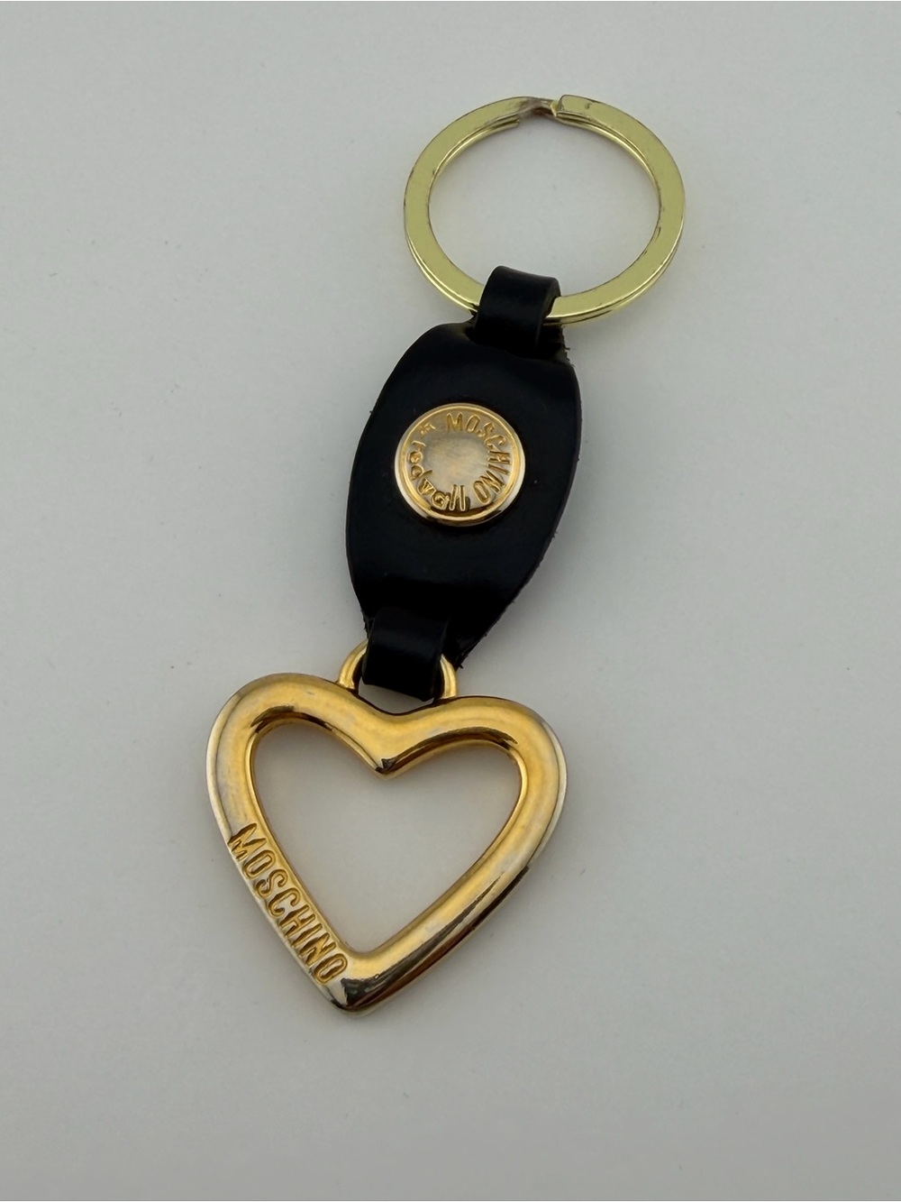 Vtg 80s Moschino Redwall Black leather & Gold tone Heart Keychain
